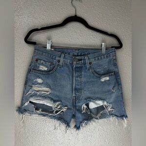 Levi's Premium 501 Button Fly W26 Light Blue Women Jean Shorts Frayed Distressed